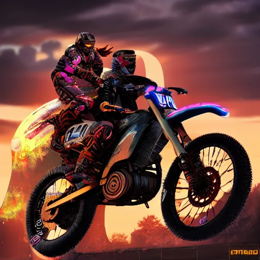 Prompt: a cyberpunk motocross cycle, sunset, 8 k, trending on artstation, exciting, action shot, total shot