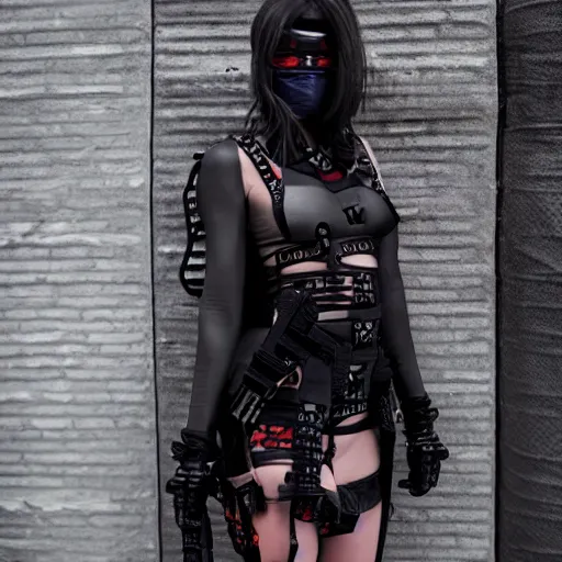 Prompt: photo of a real-life beautiful cyberpunk female ninja