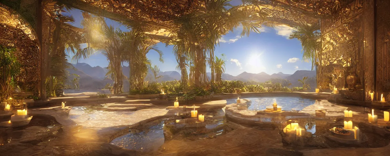 Image similar to surreal hyper luxury spa with intricate golden details with view to arid mountains and palm forest, god rays, candles, ultra detailed, photorealism, sharp focus, volumetric light, global illumination