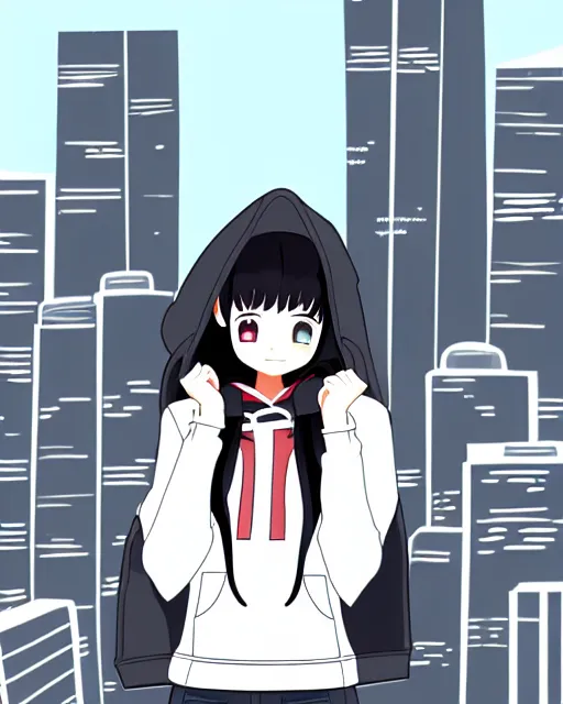 Prompt: black haired girl wearing hoodie, detailed city background, anime illustration by anmi