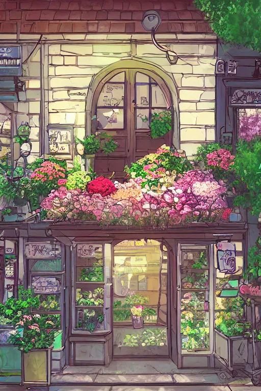 Image similar to a little flower shop's front gate, fresh, digital illustration, pixiv, dramatic lighting