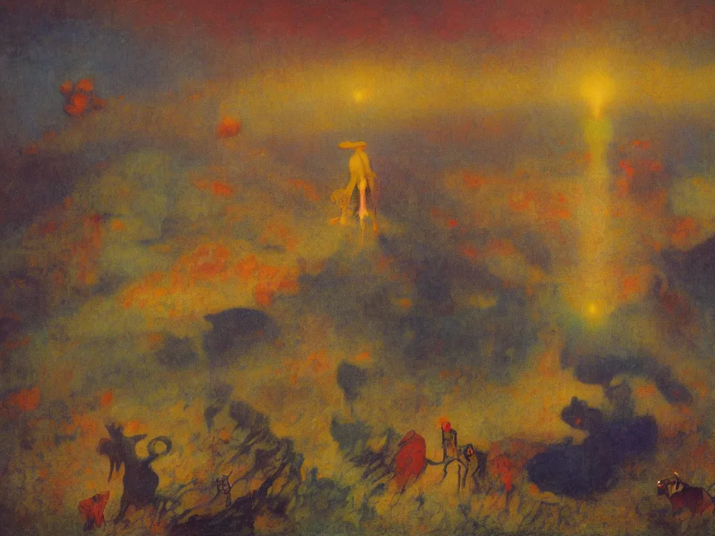 Prompt: bright dramatic lighting colorful surrealist symbolist oil painting titled'the real truth about it is there ain't no end to the desert i'll cross ', magical realism symbolist, ruined city landscape with hybrid animal protagonist, painted by arnold bocklin and odilon redon and max ernst, shocking detail trending on artstation 8 k