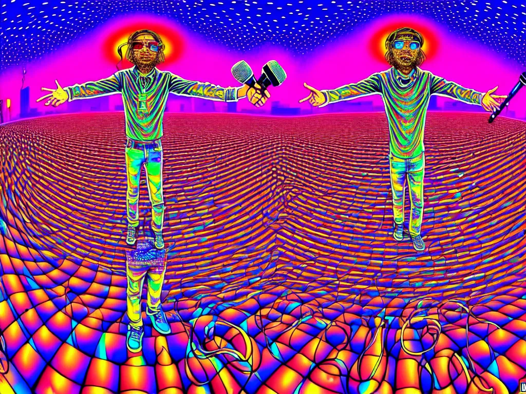 Image similar to rapping on stage at festival, holding microphone, giant crowd, epic angle, happy, psychedelic, hip hop, surreal, neon, vaporwave, detailed, illustrated by Alex Grey, 4k