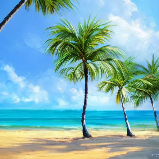 Prompt: A beautiful award winning painting of a tropical beach with palm trees and blue ocean, trending on artstation