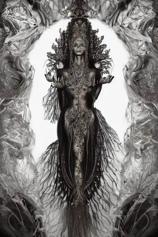 Image similar to a realistic dark photo of a beautiful ancient alien woman goddess kate moss nataraja with six hands standing in iris van herpen dress jewelery and fractals in style of alphonse mucha art nuvo dmt trending on artstation made in unreal engine 4