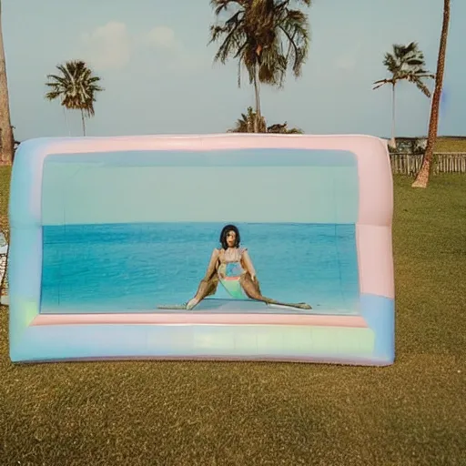 Image similar to a pastel colour high fidelity wide angle Polaroid art photo from a holiday album at a seaside with abstract inflatable parachute furniture, all objects made of transparent iridescent Perspex and metallic silver, a grid of sun beds iridescence, nostalgic