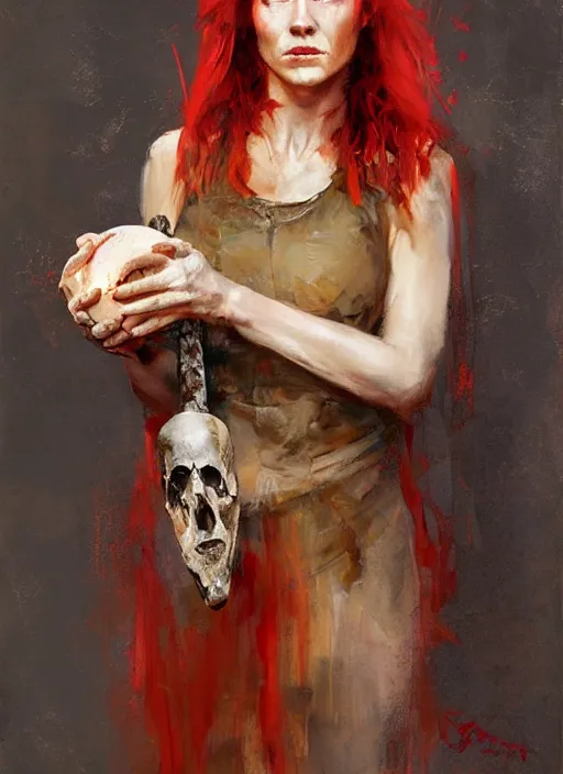 Image similar to portrait painting of beautiful red head ancient irish celtic priestess holding a dinosaur skull, by jeremy mann, only one head single portrait