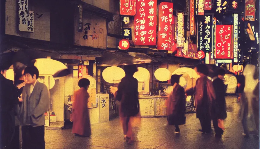 Image similar to impactful photography by haruto hoshi and yang seung woo and saul leiter, flash photography of night life in kabuki cho japan, full color, shot on kodak gold with a canon 3 5 mm lens aperture f / 8, hyperrealistic