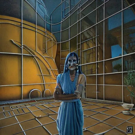 Image similar to detailed face of an indian woman, travertine and stainless steel courtyard, terrazzo, tectonic sky, skydome, reactor, utopian, tech noir, wet reflections, prism, atmospheric, ambient, pj crook, syd mead, livia prima, artgerm, greg rutkowski, nick alm, casey baugh