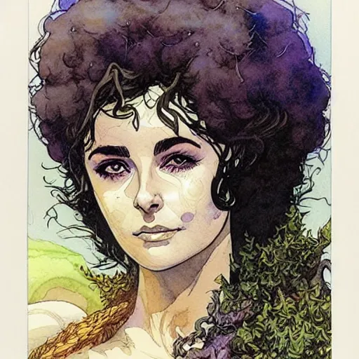 Image similar to a realistic and atmospheric watercolour fantasy character concept art portrait of young elizabeth taylor aged 2 1 as a druidic warrior wizard looking at the camera with an intelligent gaze by rebecca guay, michael kaluta, charles vess and jean moebius giraud
