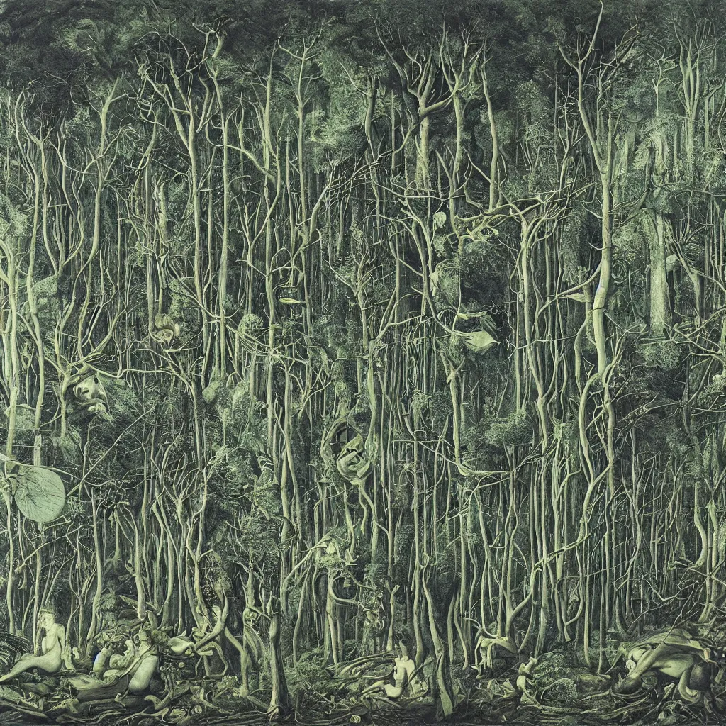 Prompt: a highly detailed painting album cover for electric forestry of a dense forest by bosch, by giger, by beardsley, lush greenery and electricity coming down to treetop transformers from storm clouds in a vivid blue sky