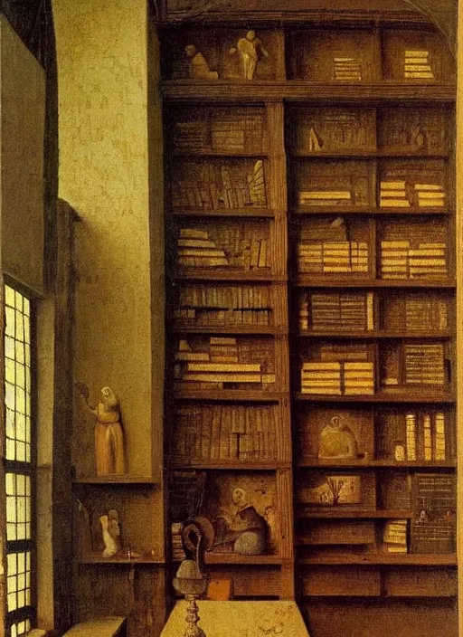 Image similar to bookshelves and drawing materials, paints, brushes, medieval painting by jan van eyck, johannes vermeer, florence