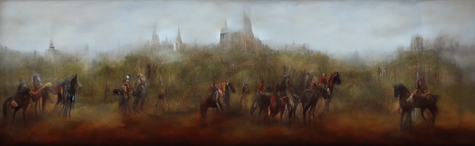 Image similar to horseback knights at scenic overlook; cloudy, grey skies, walled fort city deteriorating office buildings in background on hill; forest; la Bastille, post apocalyptic, grungy; oil on canvas, colorful, artstation