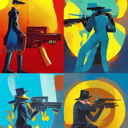 Prompt: superhero with tophat and a rifle in blue and yellow clothes, by anato finnstark, by alena aenami, by john harris, by ross tran, by wlop, by andreas rocha