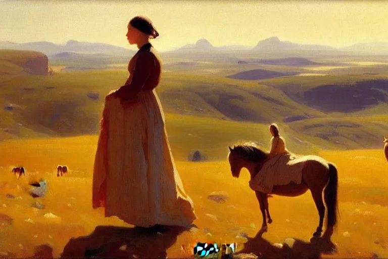 Prompt: scenic western mountain landscape with wild horses and a woman in a long white traditional dress, Anna Ancher & Peder Severin Krøyer, beautifully daylight, artstation