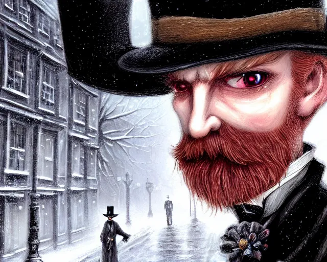 Prompt: closeup profile portrait of jack the ripper walking the streets of victorian london, nicoletta ceccoli, mark ryden, lostfish, max fleischer, hyper realistic, artstation, illustration, digital paint, matte paint, vivid colors, bright, cheerful, detailed and intricate snow environment