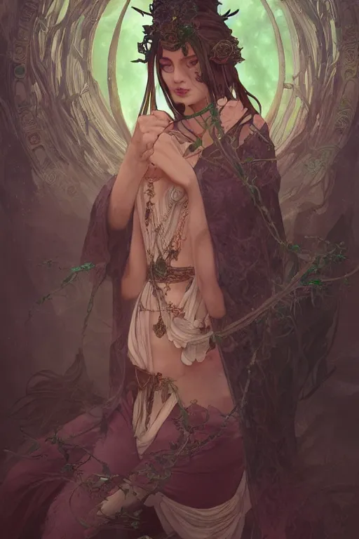 Prompt: beautiful ancient forgotten witch uses jade magic, highly detailed, digital painting, artstation, sharp focus, illustration, art by tan zi and ayanamikodon and alphonse mucha and wlop