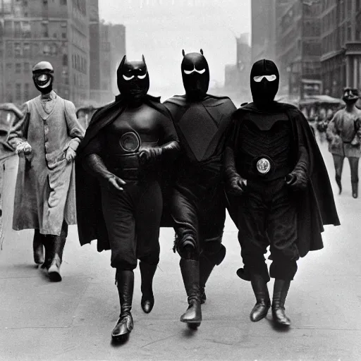 Prompt: old black and white photo, 1 9 1 3, depicting masked superheroes walking through the bustling streets of new york city, historical record