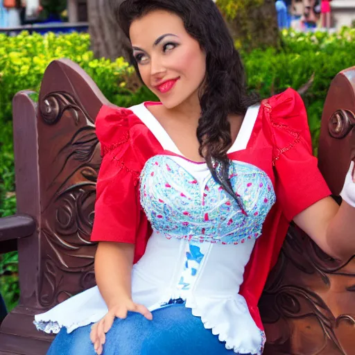 Image similar to beautiful latina female disneyland cast member waiting impatiently on a bench, highly detailed, high resolution, ultra realistic