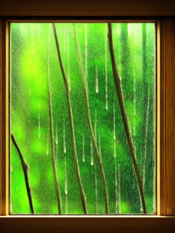 Prompt: rain drops on a window pane, forest in background, high detail, full length, Realistic, Detailed Digital Art, fine detail,