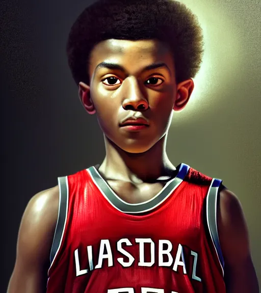 Image similar to portrait of a boy at a basketball court playing basketball wearing a basketball jersey in a basketball court standing near the basketball hoop, intense emotion, detailed facial expression, detailed surroundings, intricate, elegant, highly detailed, centered, digital painting, artstation, concept art, smooth, sharp focus, illustration, by Leonardo da Vinci, WLOP