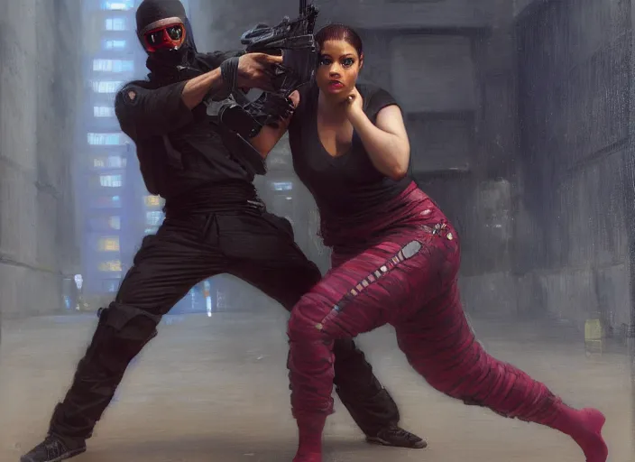 Image similar to maria igwe evades sgt Nash. Cyberpunk hacker in jumpsuit escaping menacing police troopers (blade runner 2049). beautiful face. Jujitsu. Iranian orientalist portrait by john william waterhouse and Edwin Longsden Long and Theodore Ralli and Nasreddine Dinet, oil on canvas. Cinematic, hyper realism, realistic proportions, dramatic lighting, high detail 4k