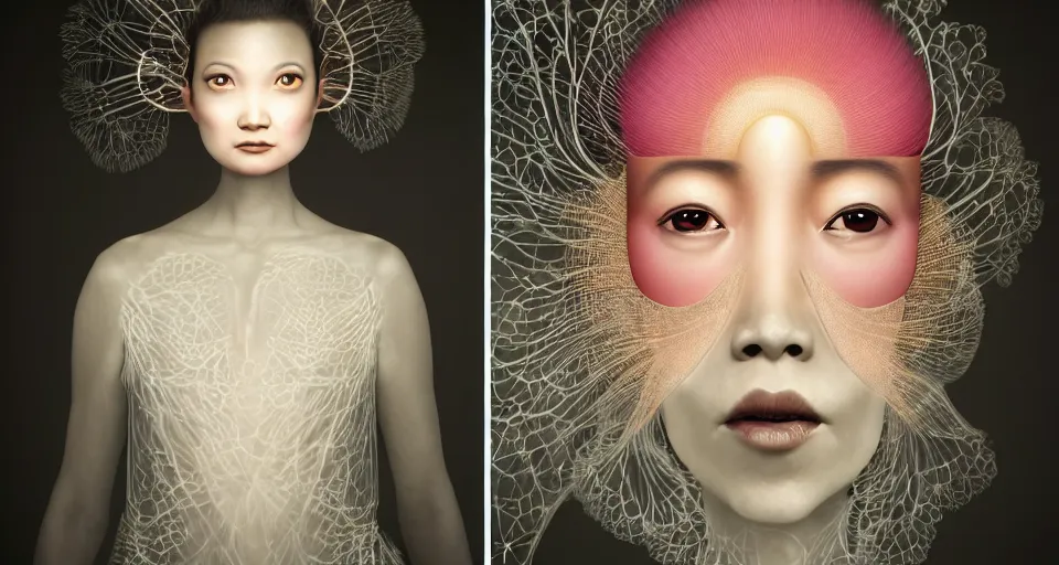 Image similar to closeup shot of asian female wearing a luminous soft fragile jelly fish dress, symmetrical face, by ray caesar, by louise dahl wolfe, by andrea kowch, by anna claren, surreal photography