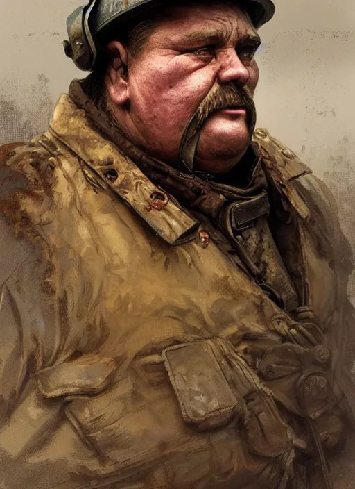 Image similar to a russian railroad electrician!!!, siberia!!, portrait, intricate, dirty, fat, ugly, highly detailed, digital painting, artstation, concept art, wallpaper, smooth, sharp focus, illustration, art by artgerm and greg rutkowski and alphonse mucha