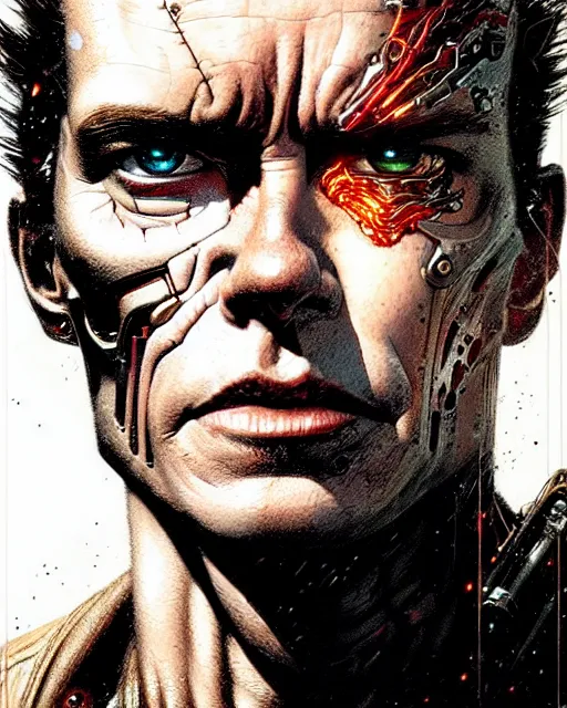 Image similar to a portrait of the terminator fantasy character portrait, ultra realistic, cinematic, concept art, wide angle, intricate details, hologram, highly detailed by greg rutkowski, aaron horkey, gaston bussiere, craig mullins, simon bisley, arthur rackham