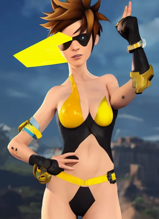 prompthunt: tracer game character, in yellow bikini thong yellow