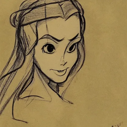 Image similar to milt kahl sketch of princess padme from star wars episode 3 with hair tendrils