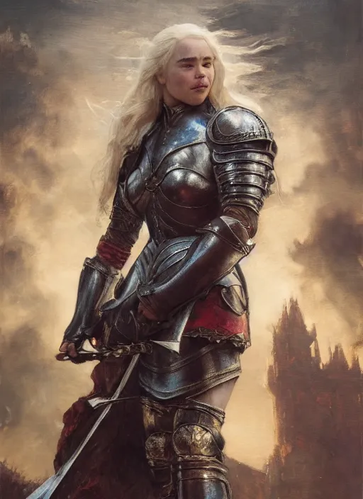 Image similar to short muscular blonde woman wearing realistic medieval armour, emilia clarke, detailed by gaston bussiere, bayard wu, greg rutkowski, giger, maxim verehin, greg rutkowski, masterpiece, sharp focus, cinematic lightning