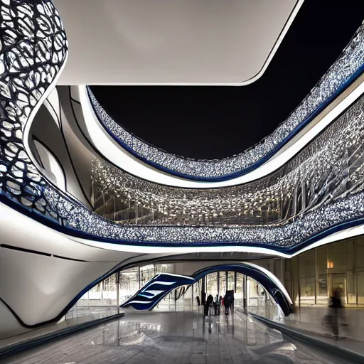 Image similar to extremely detailed ornate stunning beautiful elegant futuristic museum lobby interior by Zaha Hadid