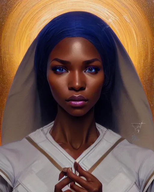 Image similar to Portrait of very very very very very very beautiful nigerian woman, spacesuit, blue eyes, real life skin, intricate, elegant, highly detailed, artstation, concept art, smooth, sharp focus, art by artgerm and greg rutkowski and alphonse mucha