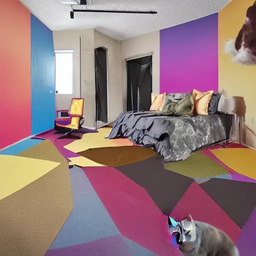 Image similar to color studio photo of a cats filled floor to ceiling in a bedroom