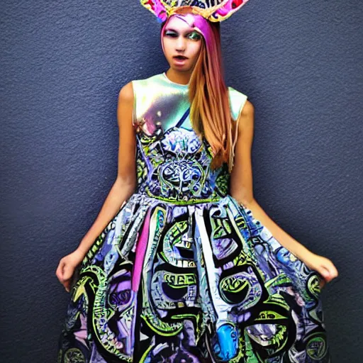 Image similar to ornate scifi cyber royal headgear, floral patterned dress, fantastical teen girl esoteric fashion zine