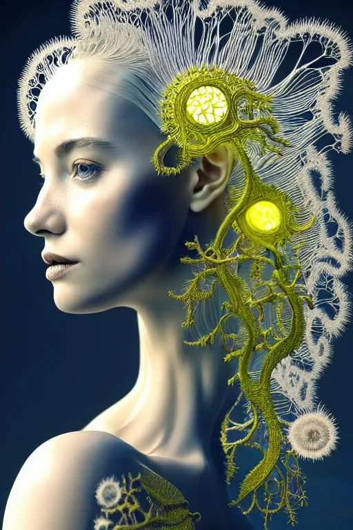 Image similar to intricate hyper detailed ultra sharp 3 d render of a beautiful porcelain biomechanical woman profile portrait, large pore fungi embroidered, rays of shimmering light, cyberpunk art nouveau, haute couture alexander mcqueen silver leaves stems dahlia transparent fractal dandelion yellow pistil filigree roots, octane render, volumetric cinematic lighting, 8 k post - production