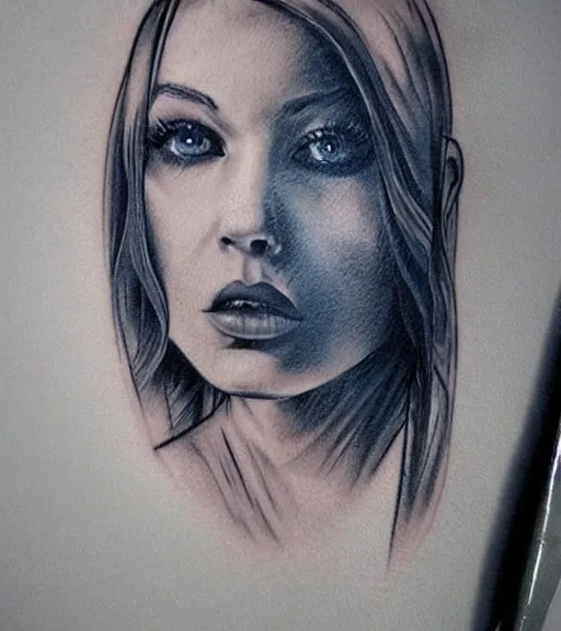 Image similar to tattoo design sketch of a beautiful blue - eyed woman face with a faded background of beautiful mountains and nature on her side, hyper - realistic, in the style of den yakovlev, amazing detail, black and white