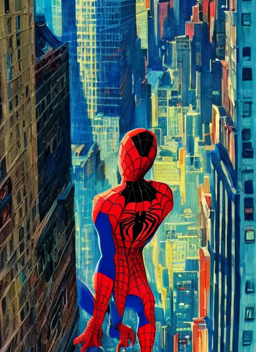 Prompt: spider - man into the spider - verse ( 2 0 1 8 ), anime key visual concept art of, spider woman standing on a balcony in new york city, golden rays, by alberto mielgo, 6 0's french movie poster, french impressionism, vivid colors, palette knife and brush strokes, fish eye lens, anaglyph