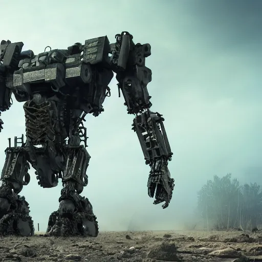 Prompt: A large mech full body, facing forward bleak tone, post apocalyptic setting, Nuttavut Baiphowongse, Mark Armstron, amad, rendered by octane, 8k, ultra 8k, hyper realistic, photorealistic, photo