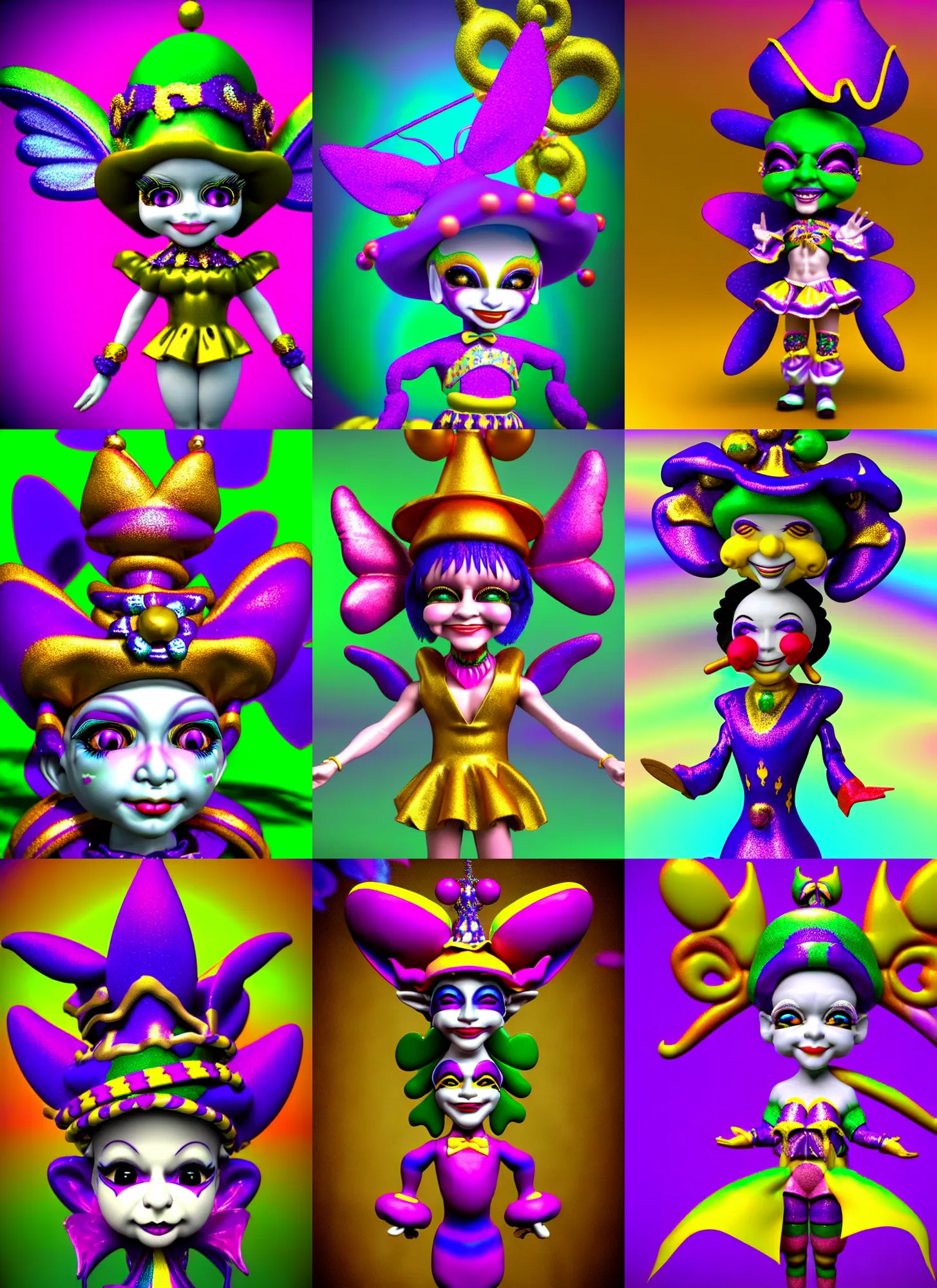 Prompt: 3d render of chibi mardi gras jester doll by Ichiro Tanida wearing a jester hat and wearing angel wings against a psychedelic swirly background with 3d butterflies and 3d flowers n the style of 1990's CG graphics 3d rendered y2K aesthetic by Ichiro Tanida, 3DO magazine