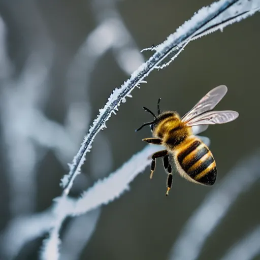 Image similar to a bee trying to reach a huge snowflake, beautiful macro photography, ambient light