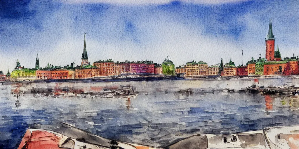 Prompt: Stockholm seen from the sea, realistic watercolour