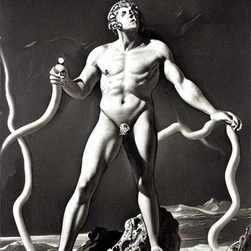 Image similar to bismuth by max dupain, by adolf hiremy - hirschl playful, fine. a digital art of hercules after he has completed one of his twelve labors, the killing of the hydra. he is standing over the dead hydra, covered in blood clutching a sword that slew the beast. his face is expressionless.