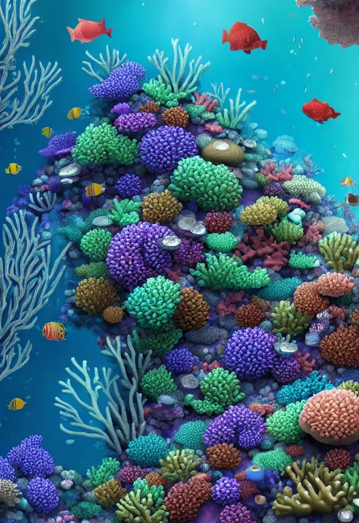 Image similar to A beautiful, hyperrealistic ultradetailed 3d render of an underwater coral reef made of iridescent crystals by stephen martiniere and Antonio Manzanedo, 8k, high detail, 3d render, vray, raytracing, unreal engine, volumetric lighting, ultrawide angle, featured on artstation, a diamond, transparent crystals, gems, cubic minerals, cubic crystals, colorful crystals, iridescent, epic scale