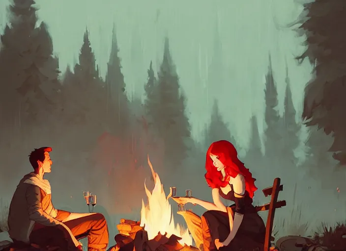 Image similar to a brunette man and a red - haired woman chatting together around a campfire, medieval times by atey ghailan, by greg rutkowski, by greg tocchini, by james gilleard, by joe fenton, by kaethe butcher, dynamic lighting, gradient light blue, brown, blonde cream and white color scheme, grunge aesthetic