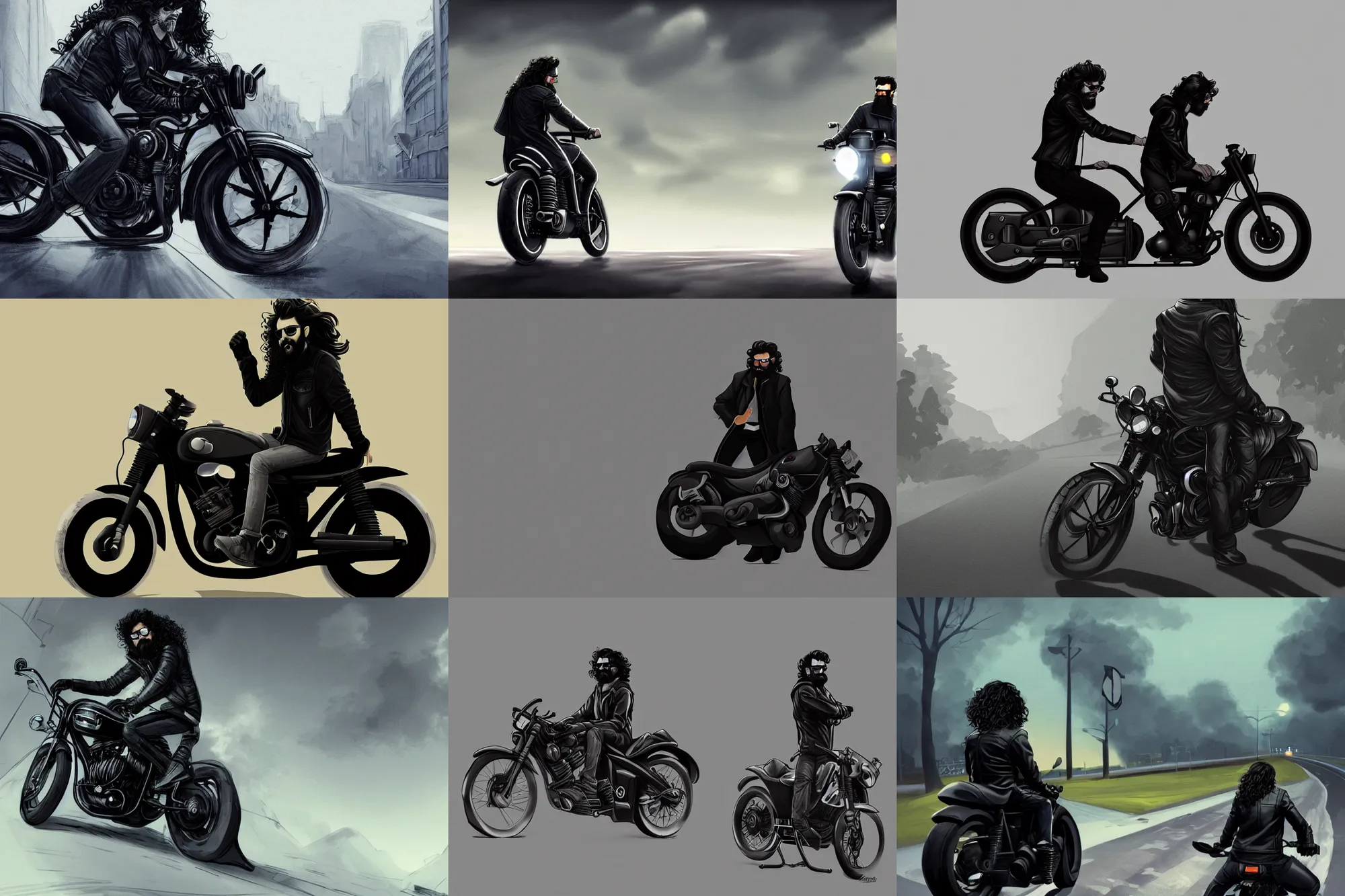 Prompt: a lone male biker, jet black tuffle coat, motorbike, aviator shades, long wild black curly hair, beard, black jeans, looking from behind, riding on the road, tech fantasy, digital illustration, artstation