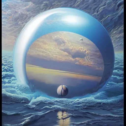 Image similar to A hyper-realistic low angle wide shot matte painting of an impossible floating sphere of water by Alex Grey and John Harris and Stephan Martiniere. Subject in view, symmetrical composition, f11