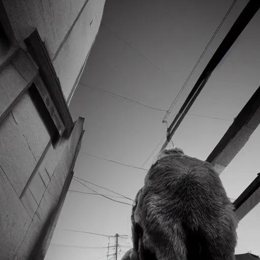 Prompt: giant dog from the street level, cinematic angle, upward perspective