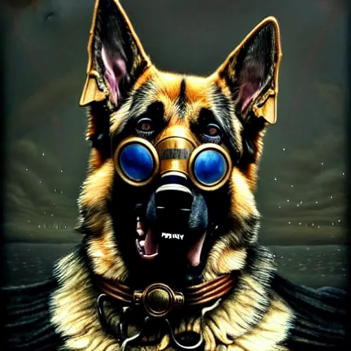 Prompt: closeup portrait shot of a german shepherd wearing steampunk goggles in a scenic dystopian environment, intricate, elegant, highly detailed, centered, digital painting, artstation, concept art, smooth, sharp focus, illustration, artgerm, tomasz alen kopera, peter mohrbacher, donato giancola, joseph christian leyendecker, wlop, boris vallejo